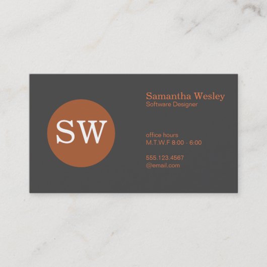 Monogramm Burnt Orange Circle Dunkelgrau Visitenkarte (Vorderseite)