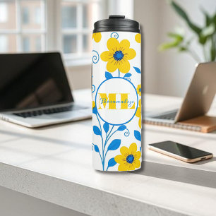 Monogramm Butter Gelb und Blau Thermosbecher