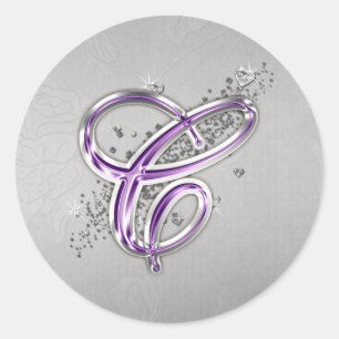 Monogramm-C-Aufkleber für lila und Silber-Glitzer Runder Aufkleber