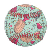 Monogramm Cartoon Blumenmuster mit Vögeln Baseball (Vorderseite)