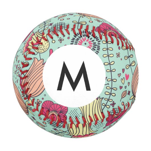 Monogramm Cartoon Blumenmuster mit Vögeln Baseball (Vorderseite Links)
