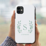Monogramm Case-Mate iPhone Hülle<br><div class="desc">Dieses einfache und elegante Gehäuse ist mit einem Monogramm und Namen dekoriert,  umgeben von grünen Aquarellfarben-Blätter. Einfach anpassbar. Original Wasserfarbe © Michele Davies.</div>