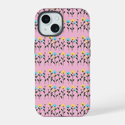 Monogramm Chic Grau Blumenmuster iPhone 15 Hülle (Rückseite)