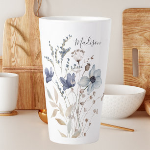 Monogramm Chic Pretty Watercolor Blau Floral Milchtasse