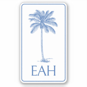 Monogramm Coastal Blue and White Palm Tree Aufkleber