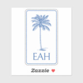 Monogramm Coastal Blue and White Palm Tree Aufkleber (Blatt)
