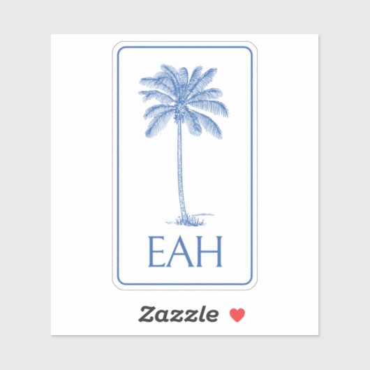 Monogramm Coastal Blue and White Palm Tree Aufkleber (Blatt)