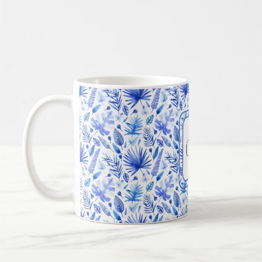 Monogramm, Cobalt Blue Tropical Blätter Muster 11o Kaffeetasse (Links)