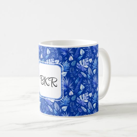 Monogramm, Cobalt Blue Tropical Blätter Muster 11o Kaffeetasse (VorderseiteRechts)