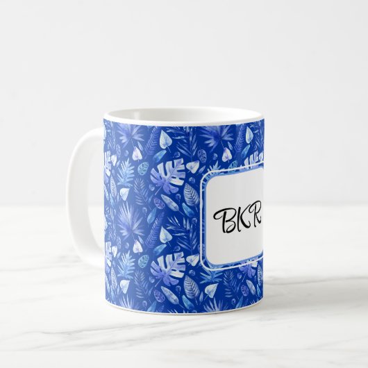 Monogramm, Cobalt Blue Tropical Blätter Muster 11o Kaffeetasse (Vorderseite Links)