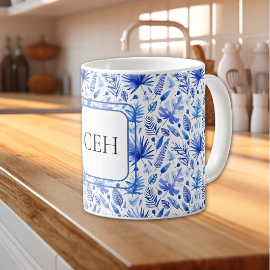 Monogramm, Cobalt Blue Tropical Blätter Muster 11o Kaffeetasse
