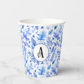Monogramm, Cobalt Blue Tropical Blätter Muster 8oz Pappbecher (Vorderseite)