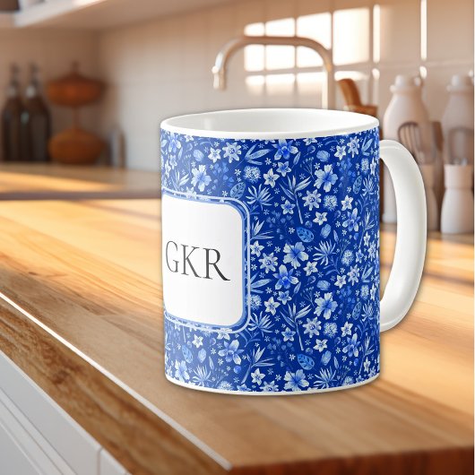 Monogramm Cobaltblaue Blumen- und Blätter-Muster 1 Kaffeetasse