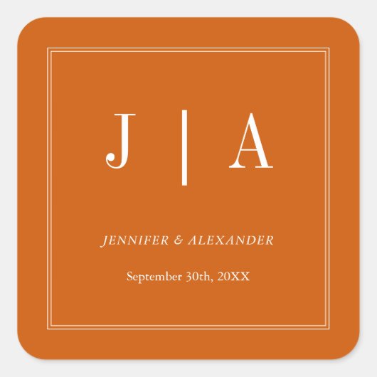 Monogramm Couple Name Einfach Orange und Weiß bren Quadratischer Aufkleber (Vorderseite)