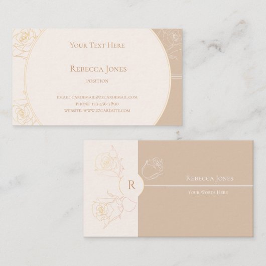 Monogramm Cream Tan der eleganten Gold Kontur Rose Visitenkarte (Vorne/Hinten)