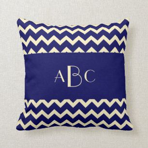 Monogramm-, Creme-u. Marine-Blau Zickzack Kissen