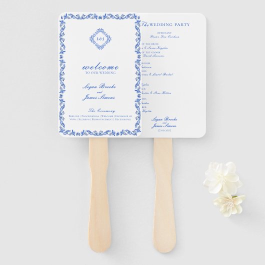 Monogramm Crest Blau Chinoiserie Hochzeitsprogramm Fächer (Vorne und Hinten)