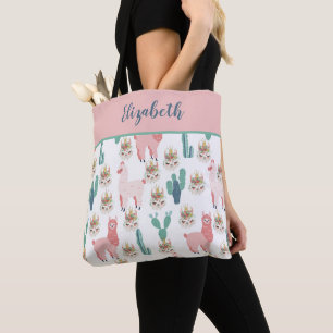 Monogramm Cute Pink Lama Grüne Kaktus-Tasche Tasche