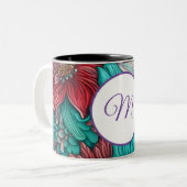 Monogramm, Cyan Blue Red Blume Zweifarbige Tasse (Vorderseite Links)