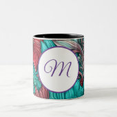 Monogramm, Cyan Blue Red Blume Zweifarbige Tasse (Mittel)