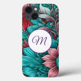 Monogramm, Cyan Blue, Red, whimsistische Blume Case-Mate iPhone Hülle