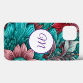 Monogramm, Cyan Blue, Red, whimsistische Blume Case-Mate iPhone Hülle (Rückseite (Horizontal))