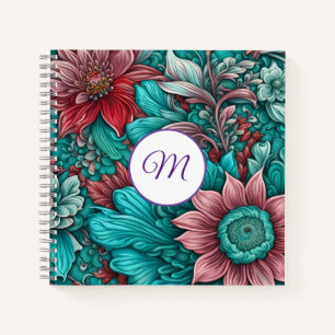 Monogramm, Cyan Blue, Red, whimsistische Blume Notizblock