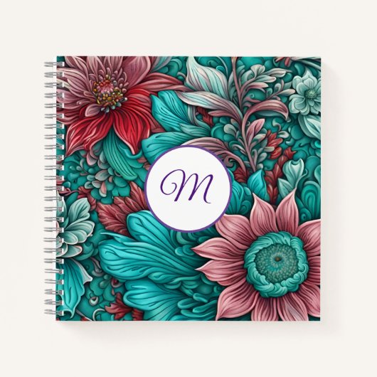Monogramm, Cyan Blue, Red, whimsistische Blume Notizblock (Vorderseite)