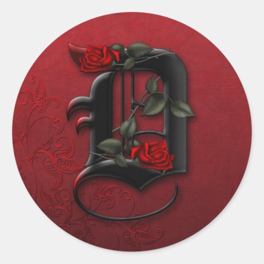 Monogramm-D-Aufkleber für Schwarz und Rote Rose Runder Aufkleber (Vorderseite)