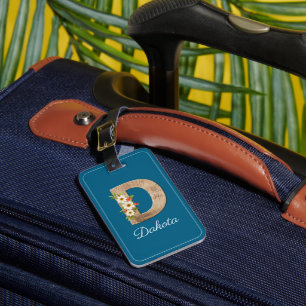 Monogramm D blaues Holz Buchstabe Blumen Gepäckanh Gepäckanhänger