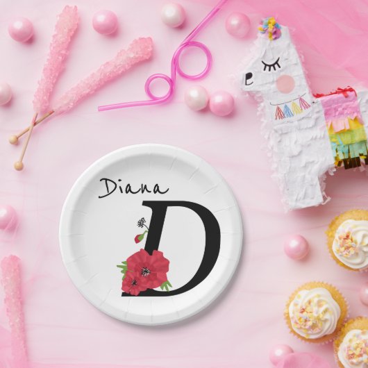 Monogramm D, Buchstabe D, Blume, Monogramm Pappteller (Party)