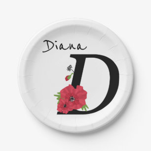 Monogramm D, Buchstabe D, Blume, Monogramm Pappteller