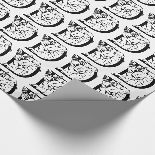 Monogramm D Initial Black and White Cupid Muster Geschenkpapier (Ecke)