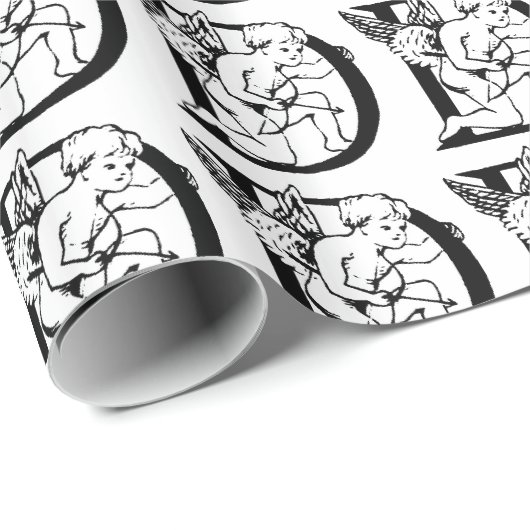 Monogramm D Initial Black and White Cupid Muster Geschenkpapier (Rolleneckpunkt)