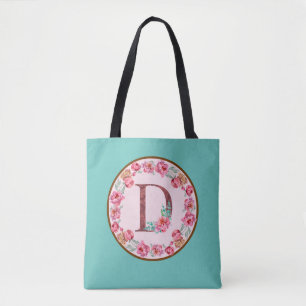 Monogramm-D-Letter mit Peony-Blume-Totbeutel Tasche