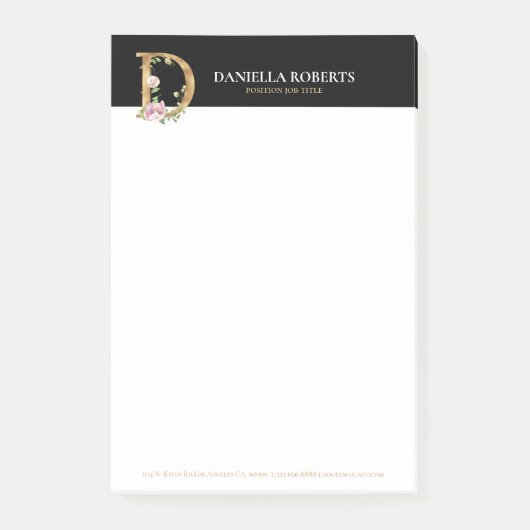 Monogramm D mit Gold und Blume Post-it Klebezettel (Vorderseite)