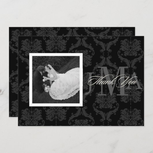 Monogramm Damask Danke, Karten, Flat Dankeskarte (Vorne/Hinten)