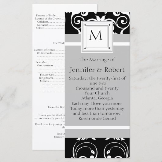Monogramm-Damask-Hochzeitsprogramm Programm (Vorne/Hinten)