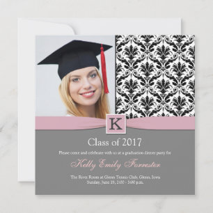 Monogramm Damask Schwarz-weiße Graduierungspartei Einladung