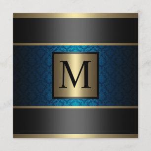 Monogramm-Damast-Königsblau, Schwarzes und Gold Einladung