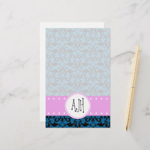 Monogramm - Damast, Verzierungen, Wirbel - blaues Briefpapier