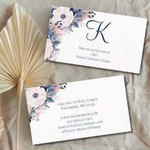Monogramm Damen Navy Blau Pink Blumen Visitenkarte