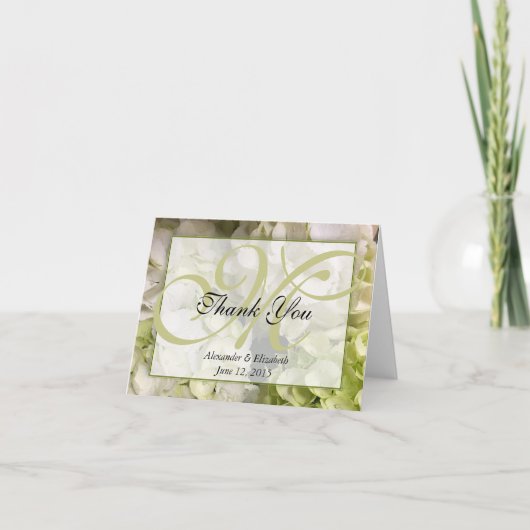 Monogramm danken Ihnen Hydrangea-Anmerkungs-Karte Dankeskarte (Vorderseite)
