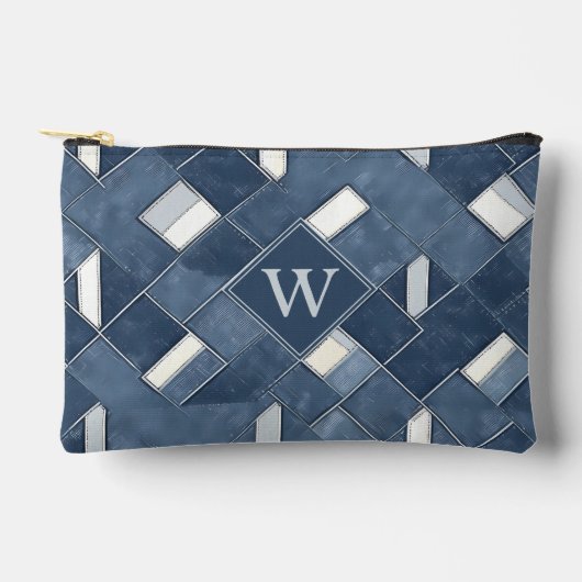 Monogramm-Denim Blau-Weiß-Patchwork-Gitter Zubehörtasche (Vorderseite)