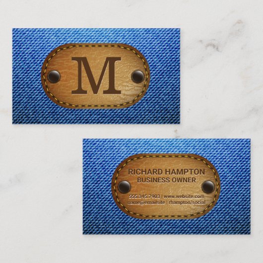 Monogramm | Denim Brown Leather Stitched Patch Visitenkarte (Vorne/Hinten)