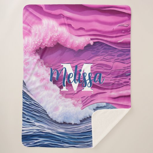 Monogramm der abstrakten rosa Meereswellen Sherpadecke (Vorderseite)