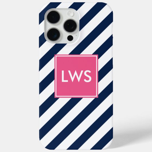 Monogramm der blauen und rosa Diagonalstreifen Case-Mate iPhone Hülle (Rückseite)