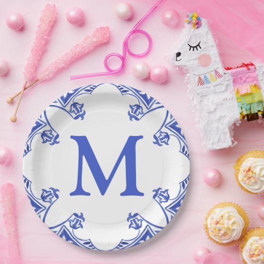 Monogramm der blauen und weißen Floral Pappteller (Party)
