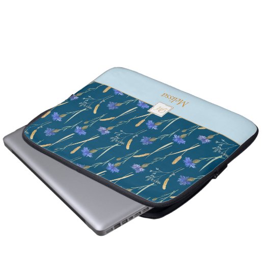 Monogramm der blauen Wildblume Laptopschutzhülle (Vorne Knopf)