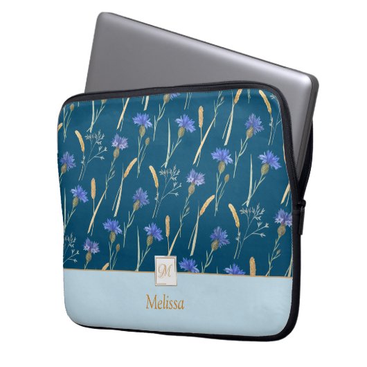 Monogramm der blauen Wildblume Laptopschutzhülle (Vorderseite Links)